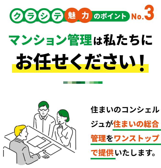 クラシテ魅力のポイント no.3 マンション管理は私たちにお任せください！