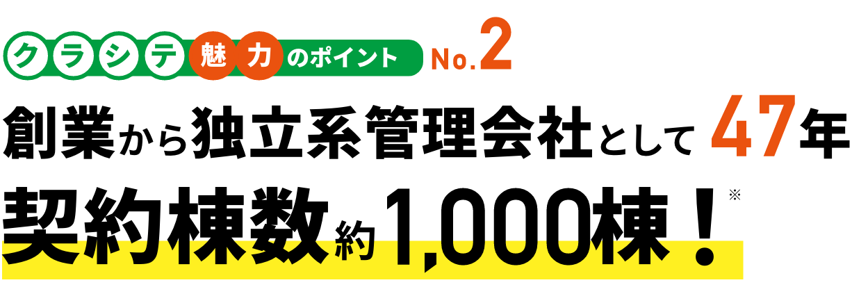 クラシテ魅力のポイント no.4 創業から独立系管理会社として47年契約棟数約1,000棟！